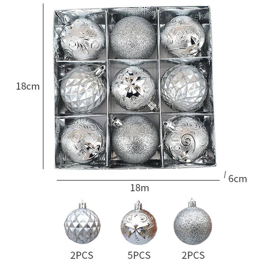 9 Pieces/set Of Boxed Christmas Ball Set, Glitter Ball, (silver)