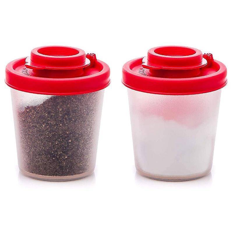 2 Medium Salt and Pepper Shakers with Red Covers Lids Jar Dispenser