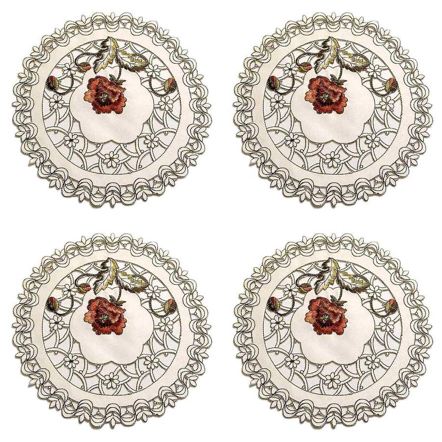 Set Of 4 Round Floral Placemats White Vintage Embroidered Lace