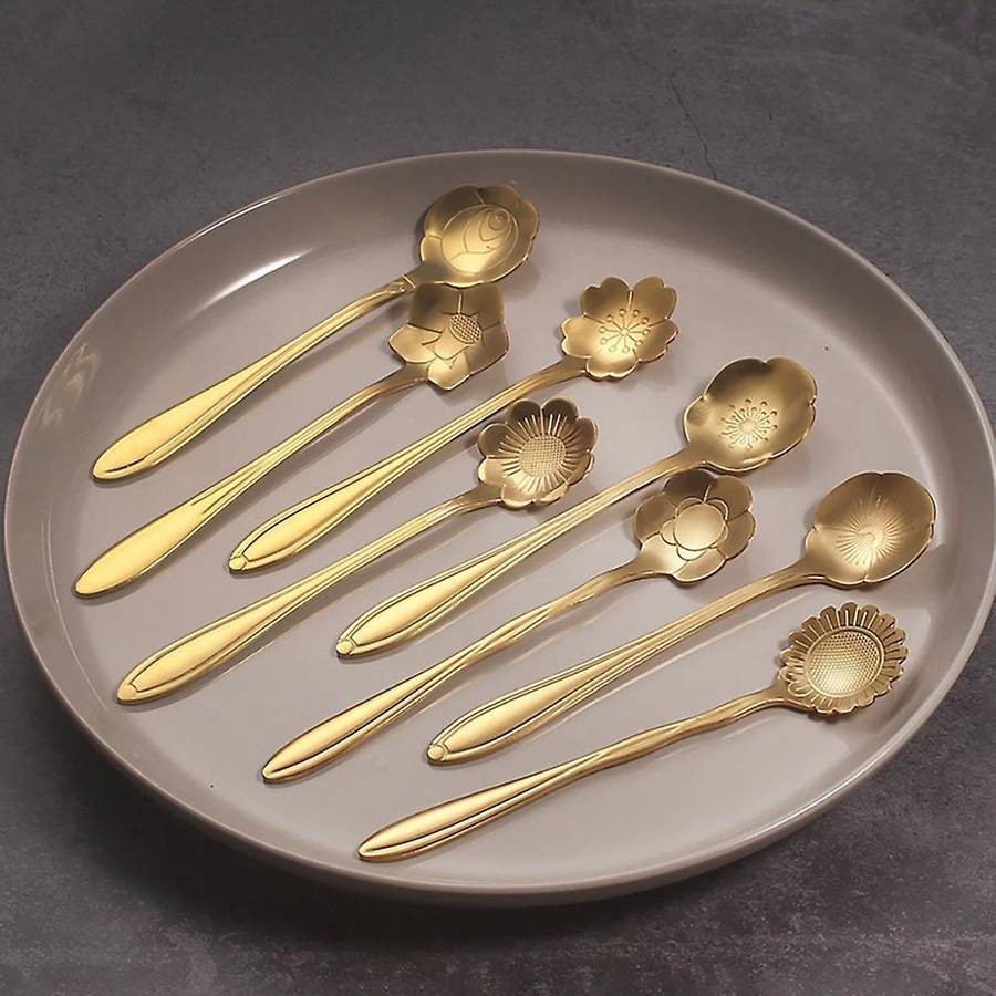 8pcs Flower Spoon Coffee Teaspoon Set Stainless Steel Dessert Spoon