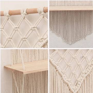 Hand-woven Macrame Bohemia Modern Rack Storage Rack Sling Wood Shelf for Wall Decoration
