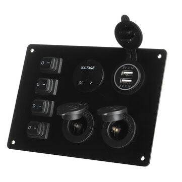 4 Gang Blue LED Toggle Rocker Switch Panel Dual USB ON-off Car Marine Boat 12V