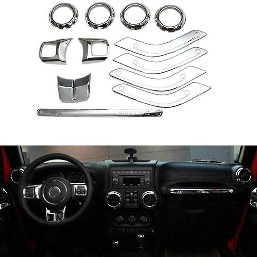 (Silver 12PCS) Car Decoration Steering Wheel & Center Console Air Outlet Trim for Wrangler JK JKU 20