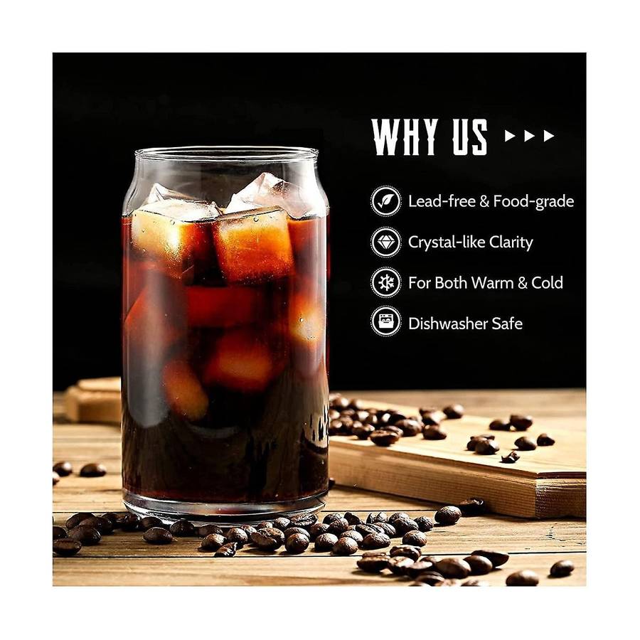 [ 6pcs Set ] Glass Cups with Bamboo Lids and - Beer Can Shaped Drinking Glasses, 16 Oz Iced Coffee