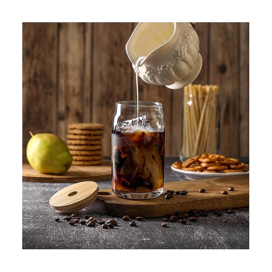 [ 6pcs Set ] Glass Cups with Bamboo Lids and - Beer Can Shaped Drinking Glasses, 16 Oz Iced Coffee