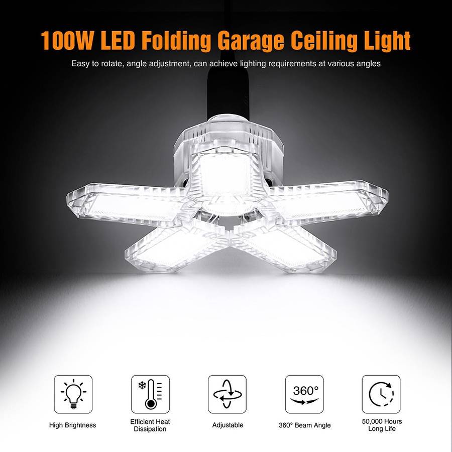 100W LED Five Leaf Garage Light Foldable Garage Ceiling Lamp 10000LM Deformation Basement Adjustable