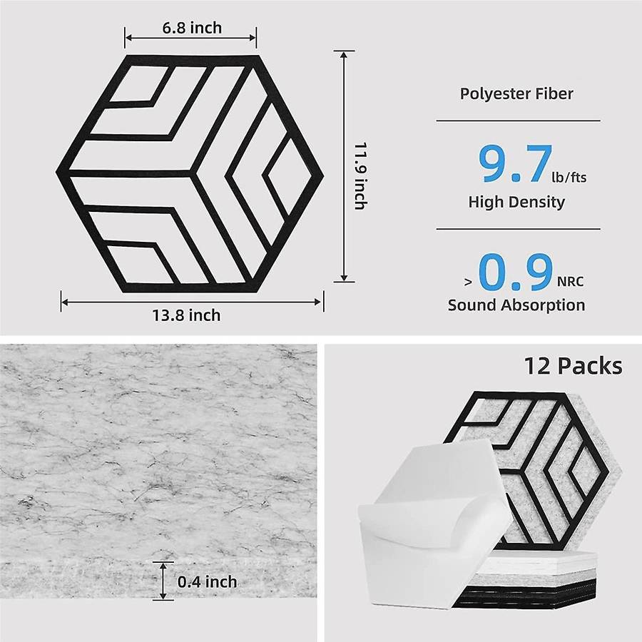 12 Pcs Self-adhesive Acoustic Panels,hexagon Sound Proof Panels,sound Absorbing Panels for Recordin