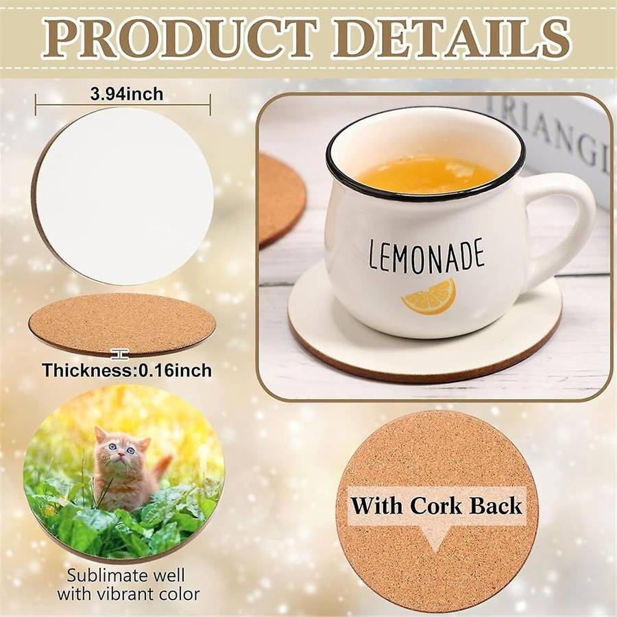 12 Pcs Sublimation Coasters 4 X 4 Inch Hardboard Coaster Cork and MDF Blank Coasters Sublimation Car