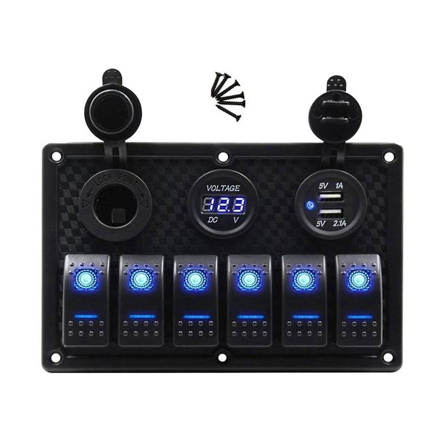 12/24v 6 Buttons Switch Panel with Digital Voltmeter Tester 3.0 Usb Chargers Bule Light Boat Power