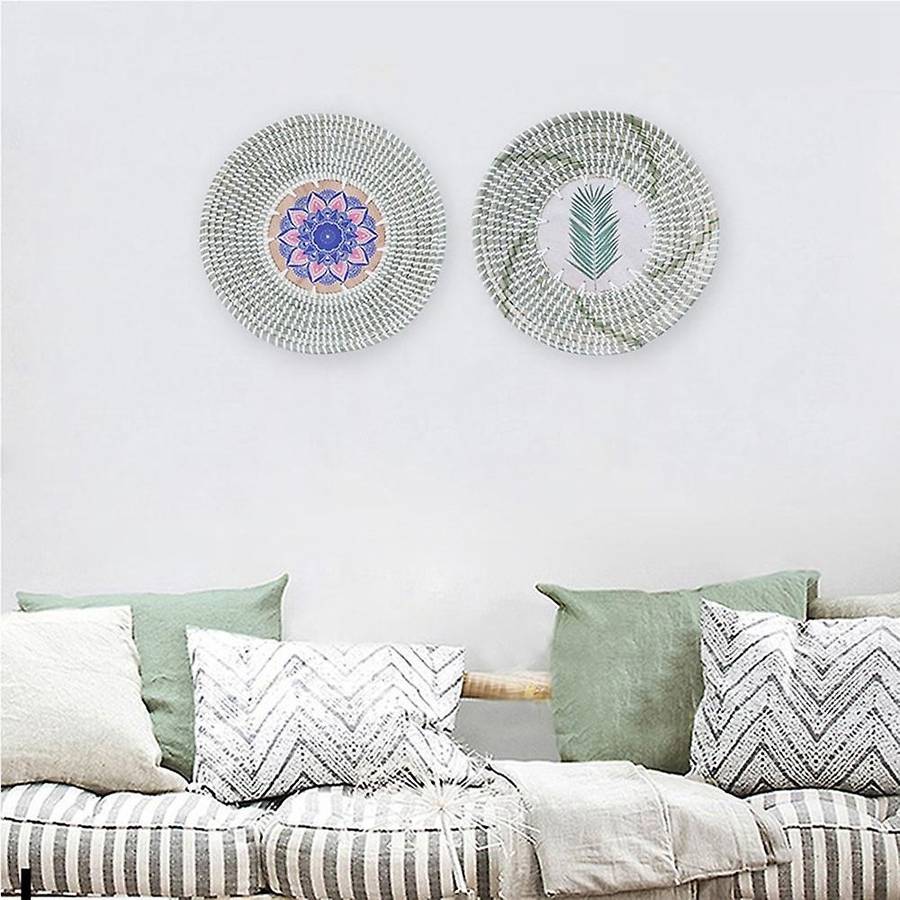 2 Pcs Woven Basket Wall Decor Handmade Hanging Wall Basket Decor, Rattan Seagrass Wall Decor for Liv