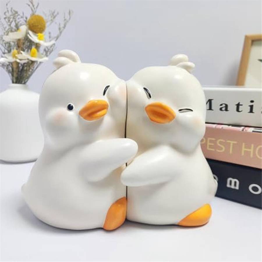 Cute Hug Ducks Decorative Bookends, Resin Book Holders for Shelf Desk Office Bedroom Decoration, Duc