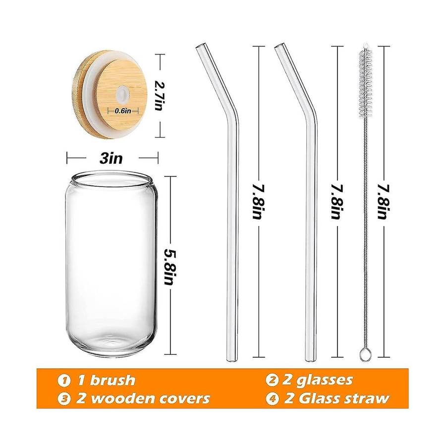 Drinking Glasses with Bamboo Lids and 2pcs Set, 16oz Can Shaped Glass Cups with Lids and Straws,beer