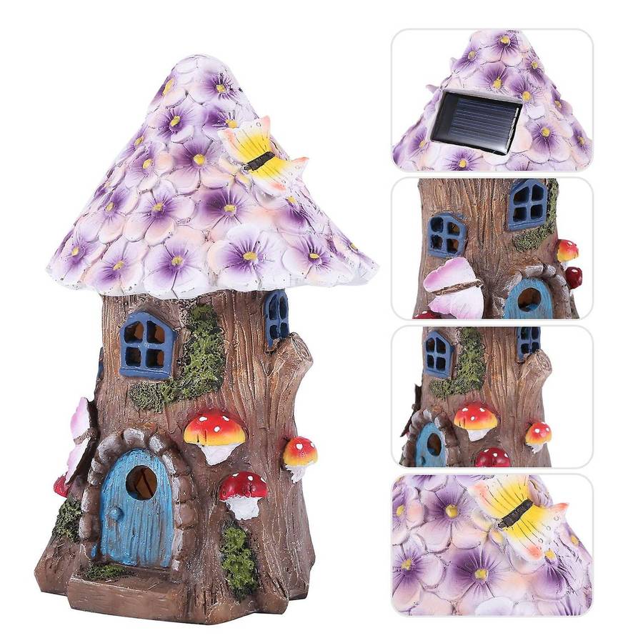 Fairy Garden House Solar Garden Statues Sculpture Miniature Figurine Treehouse Decor Lawn Yard Ornam
