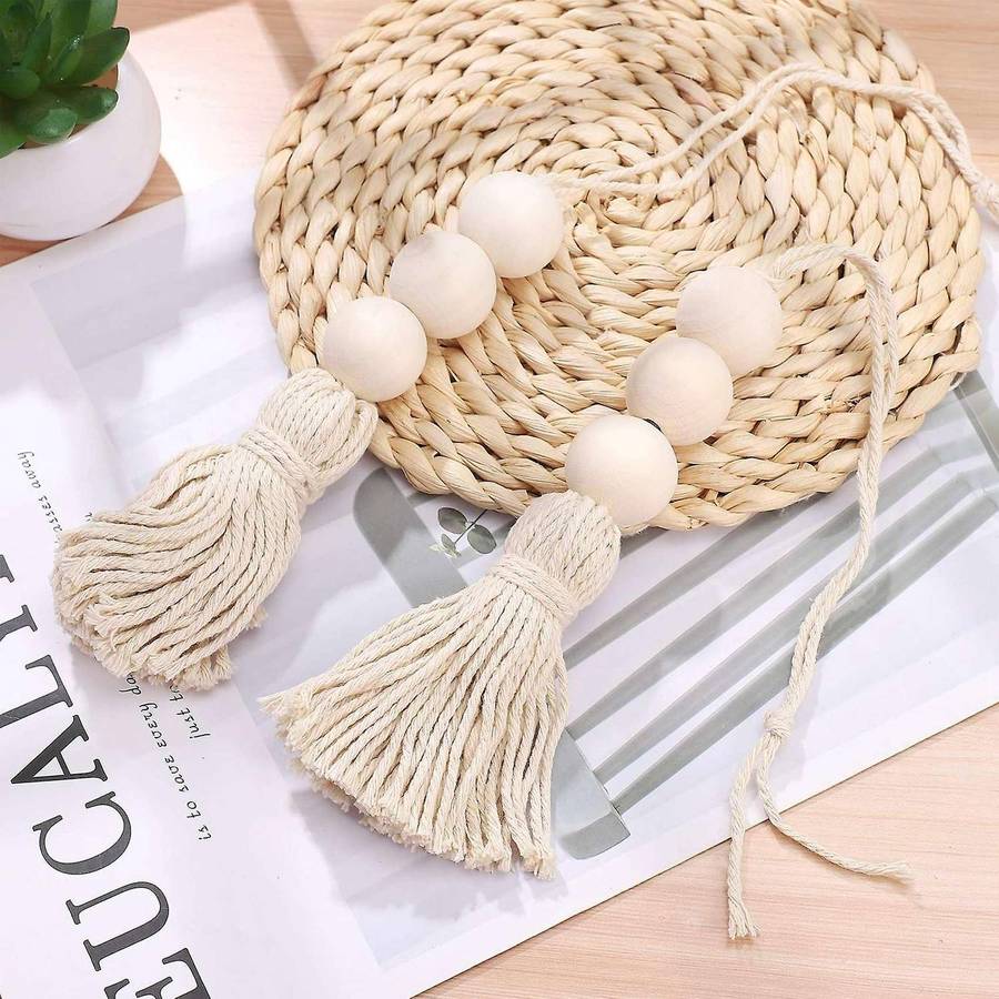 6pcs Wood Bead Garland Ornaments Farmhouse Beads with Tassel Hanging