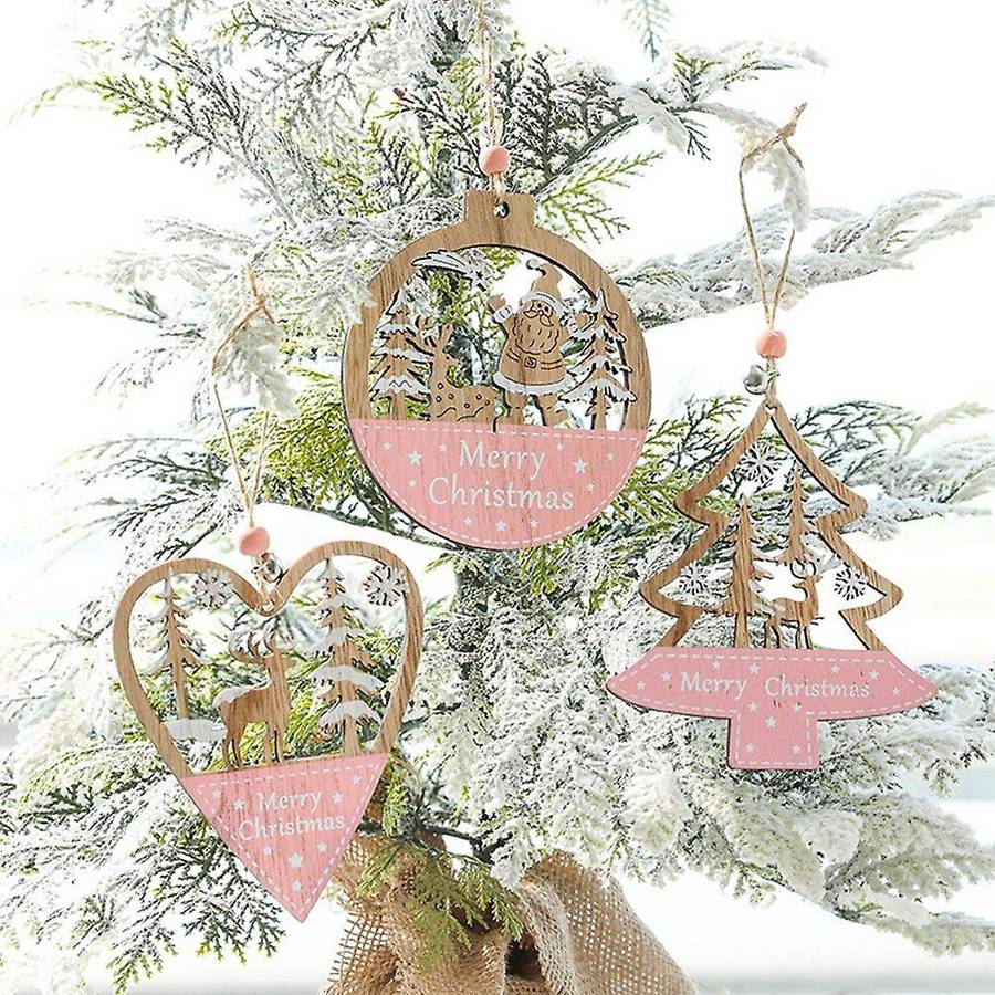 5pcs Pink Christmas Decorations Wooden Pendant