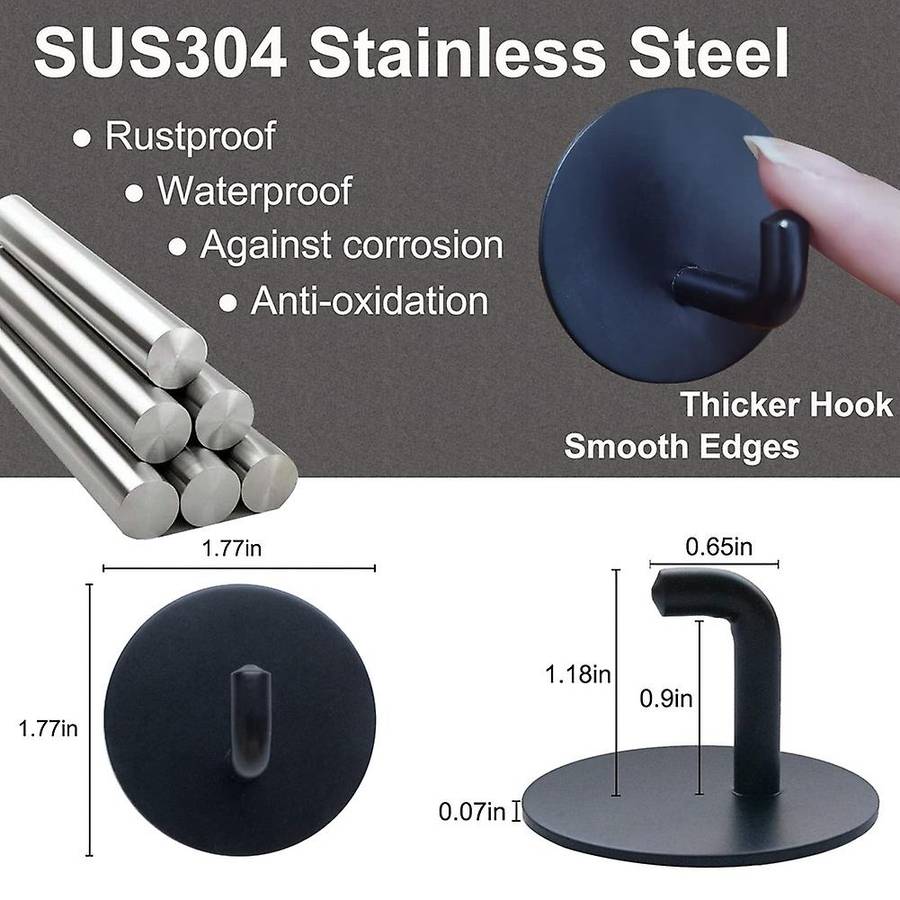 Wall Hooks Adhesive Towel Hooks Stainless Steel Kitchen, 8pcs Black