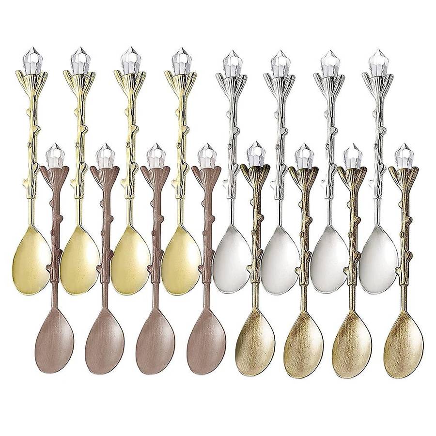 16 Pcs Retro Crystal Head Branch Alloy Small Spoon Creative Mug Spoon