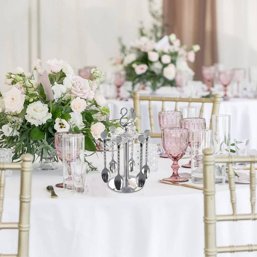 Decorative Swan Base Holder with 6 Spoons for Fruit Ice Cream Cake B