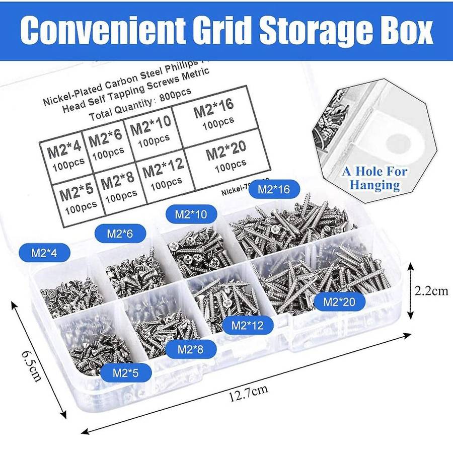 800pcs M2 Self-tapping Screws Assortment Set Cross-head Screws Silver