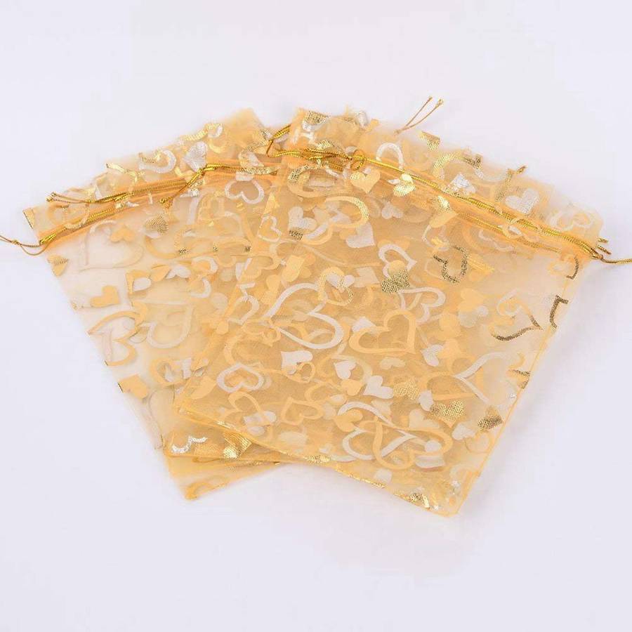 200pcs 9x12cm Sheer Drawstring Heart Organza Jewelry Gift Bags (gold)