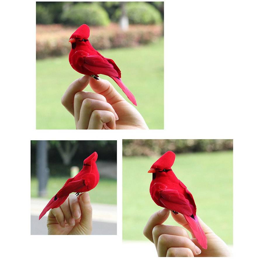 12pcs Clip-on Artificial Red Christmas Ornaments Feathered Bird Xmas