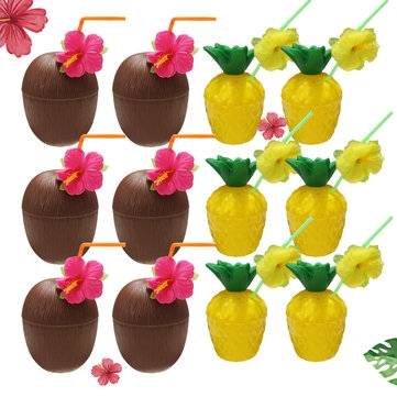 12Pcs Plastic Coconut Pineapple Cup w/ Straw Tropical Hawaiian Luau Hula Beach Pool Party Cup Decor