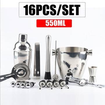 16Pcs Cocktail Shaker Bar Set Stainless Steel Drink Mixer Bartender Tool Kit (CAPACITY: 550ML)