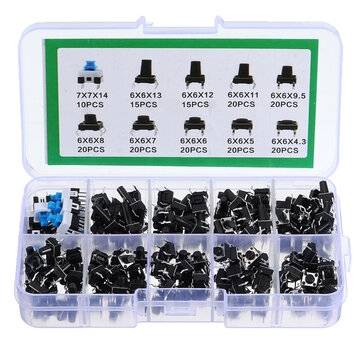 180Pcs 10 Values Tactile Push Button Switch Mini Momentary Tact Assortment Kit DIY