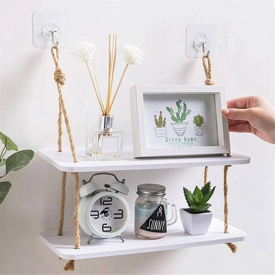 2PCS Storage Rack Decorative Wall Shelf Wall Hook Wooden Shelf Kitchen Storage Organization Storage