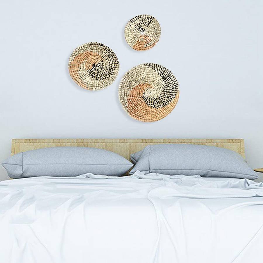 3 Set of Wall Decor Seaweed Baskets Woven Seagrass Hanging Flat Baskets Ornament Boho Round Baskets