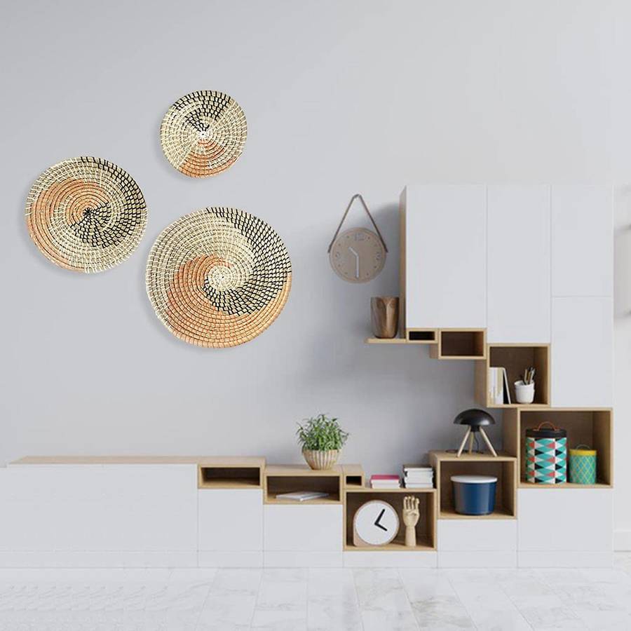 3 Set of Wall Decor Seaweed Baskets Woven Seagrass Hanging Flat Baskets Ornament Boho Round Baskets