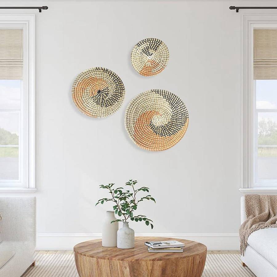 3 Set of Wall Decor Seaweed Baskets Woven Seagrass Hanging Flat Baskets Ornament Boho Round Baskets