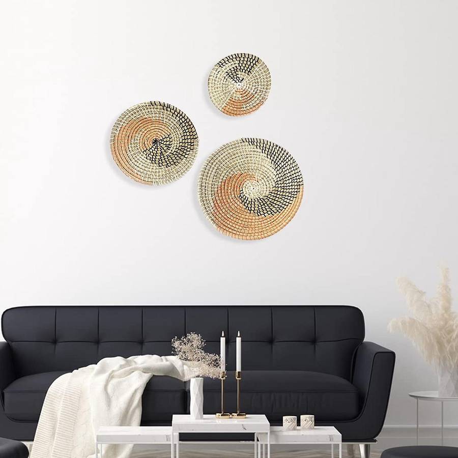 3 Set of Wall Decor Seaweed Baskets Woven Seagrass Hanging Flat Baskets Ornament Boho Round Baskets