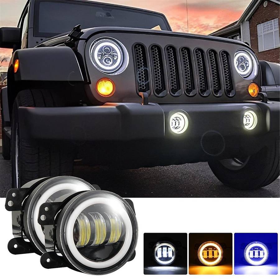 4 Inch LED Fog Lights Halo Ring Work Light for Wrangler JK, with Blue DRL Yellow Turn Signal (Blue+Y
