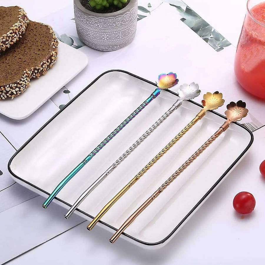 4 Pcs 2 in 1 Stainless Steel Straws Spoon,Reusable Tea Strainer,for Coffee,Tea,,Cocktail(with 2 Clea