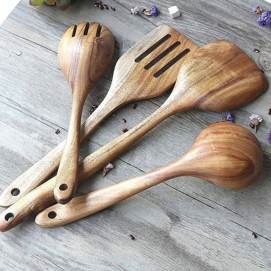 4 Pcs Wooden Utensils,Kitchen Cooking Utensil for Non Stick,Teak Wood Spoons Spatula Ladle Colander,