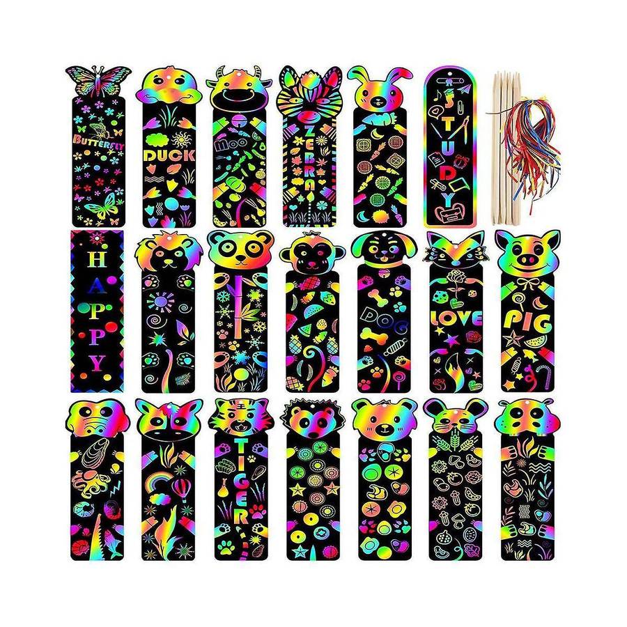 48pcs Kids Rainbow Bookmarks Party Bag Fillers Animal Craft Diy Scratch Paper Art Tags