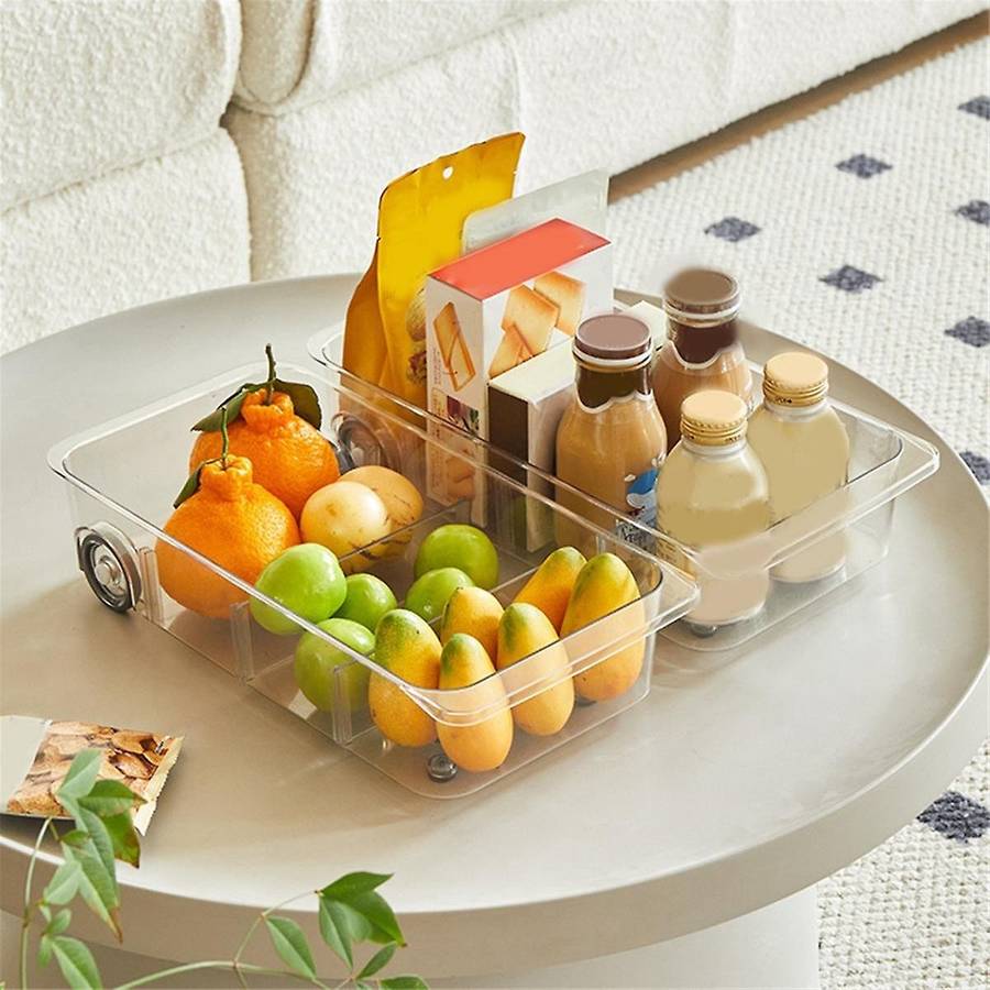 Fridge Organizer Bins On Wheels, Clear Roll Out Drawer Refrigerator Organizing with Dividers, Thick