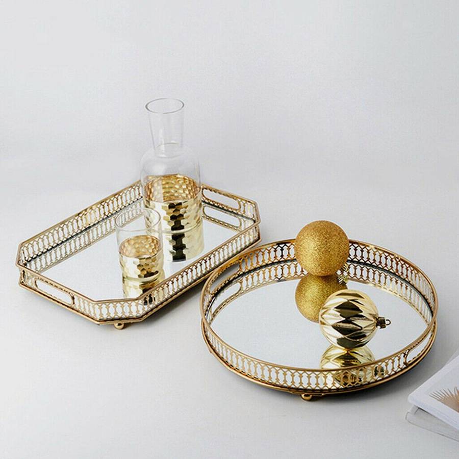 Gold Mirror Glass Metal Tray Makeup Organizer Dessert Serving Plate Ornate Perfumes Tray Decorative