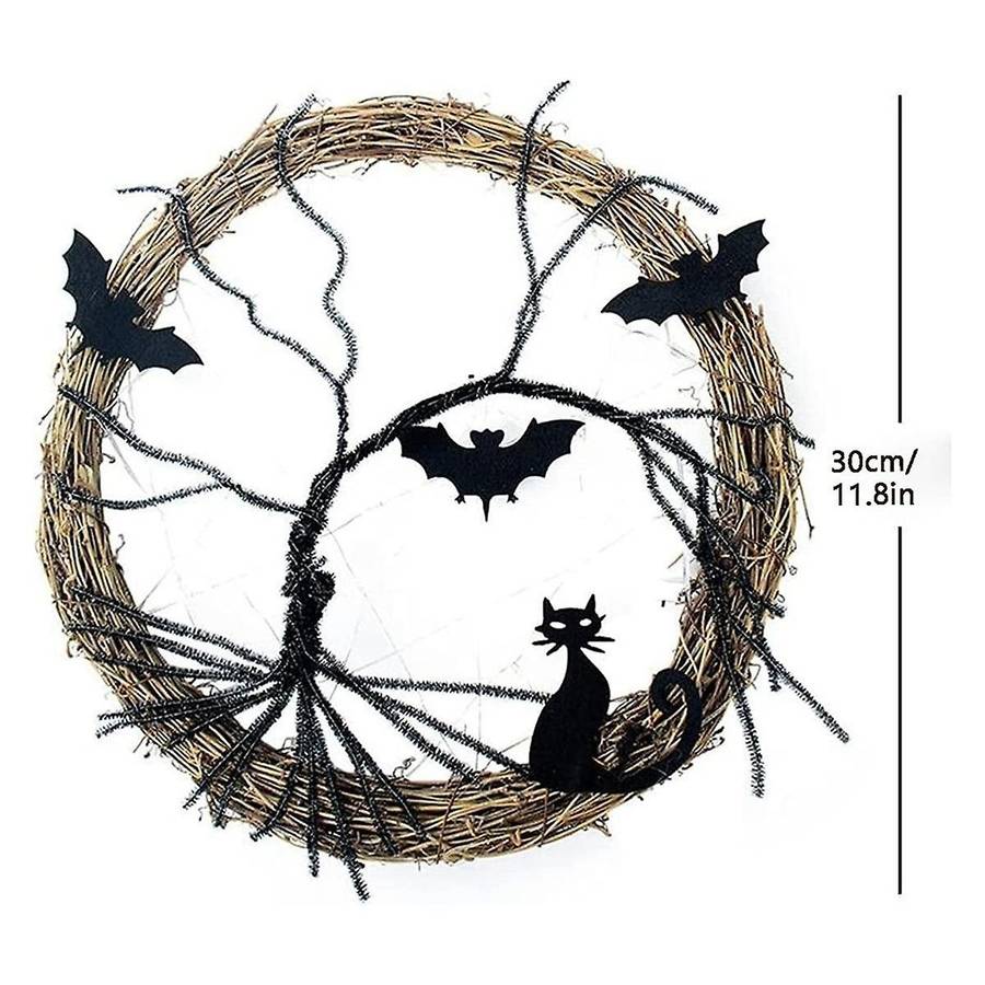 Halloween Wreaths for Front Door, 15.8inch Lighted Up Bat and Halloween Wreath with Purple Led Light