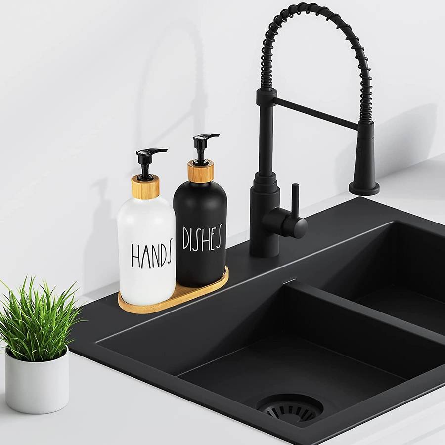 Hand and Dish Soap Dispenser for Kitchen Sink - Farmhouse Kitchen Soap Dispenser Set with Tray (bla