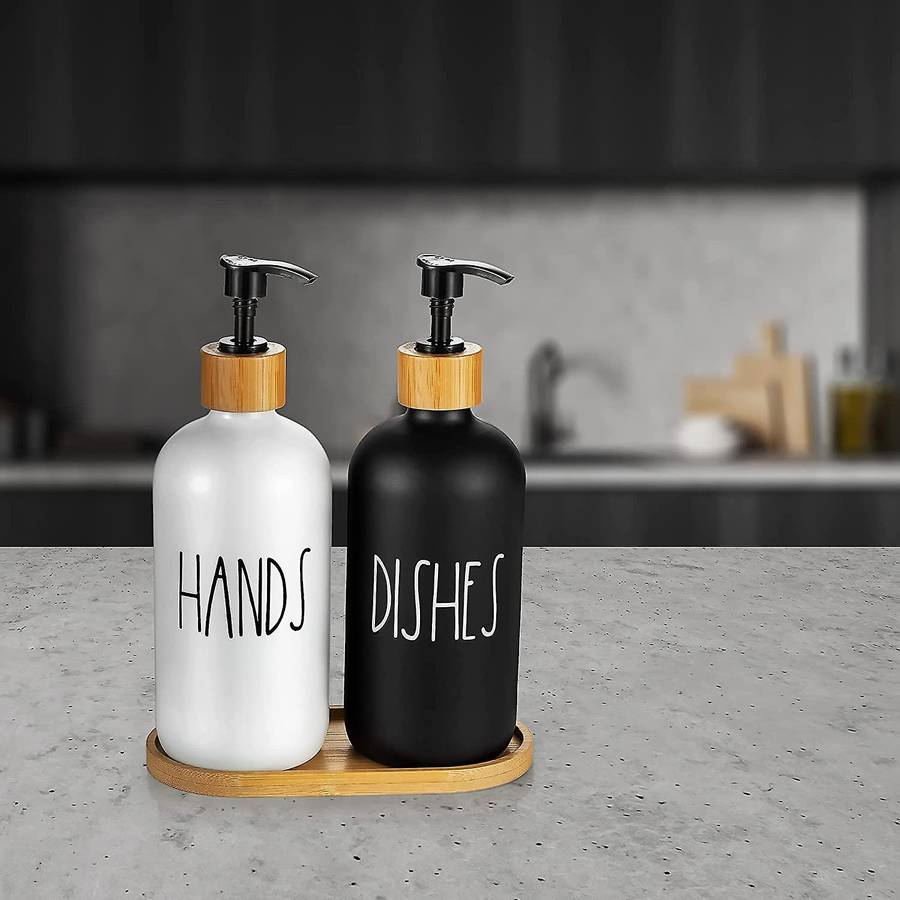 Hand and Dish Soap Dispenser for Kitchen Sink - Farmhouse Kitchen Soap Dispenser Set with Tray (bla