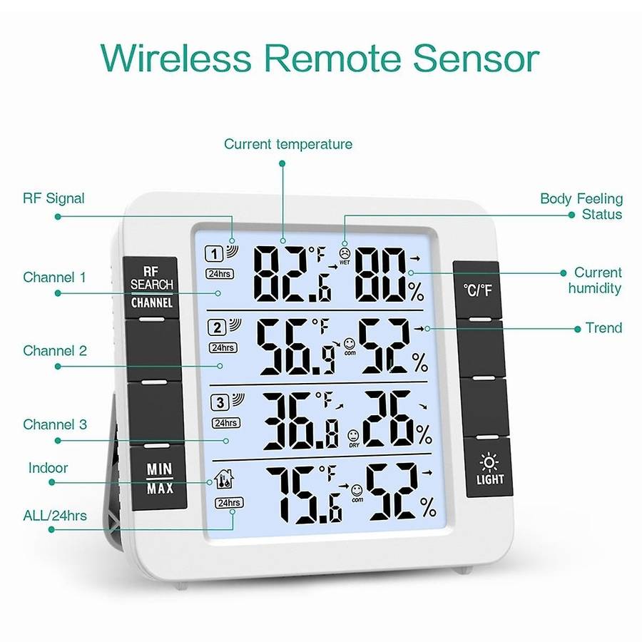 Hygrometer 100M Wireless Digital Indoor Outdoor Thermometer with 3 Sensors Hygrometer Weather Stati