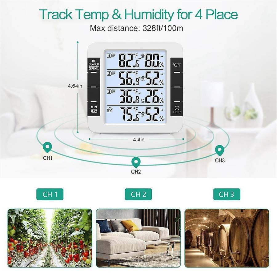 Hygrometer 100M Wireless Digital Indoor Outdoor Thermometer with 3 Sensors Hygrometer Weather Stati