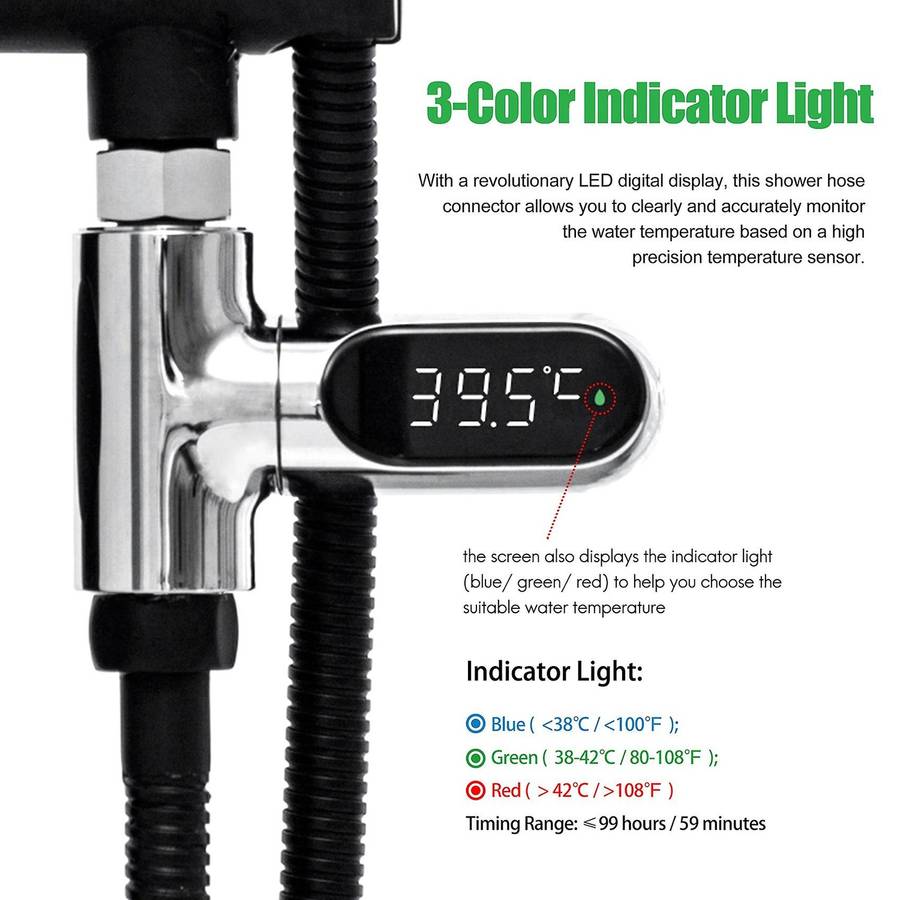 LED Display Home Water Shower Thermometer Flow Self-Generating Electricity Water Temperature Meter M