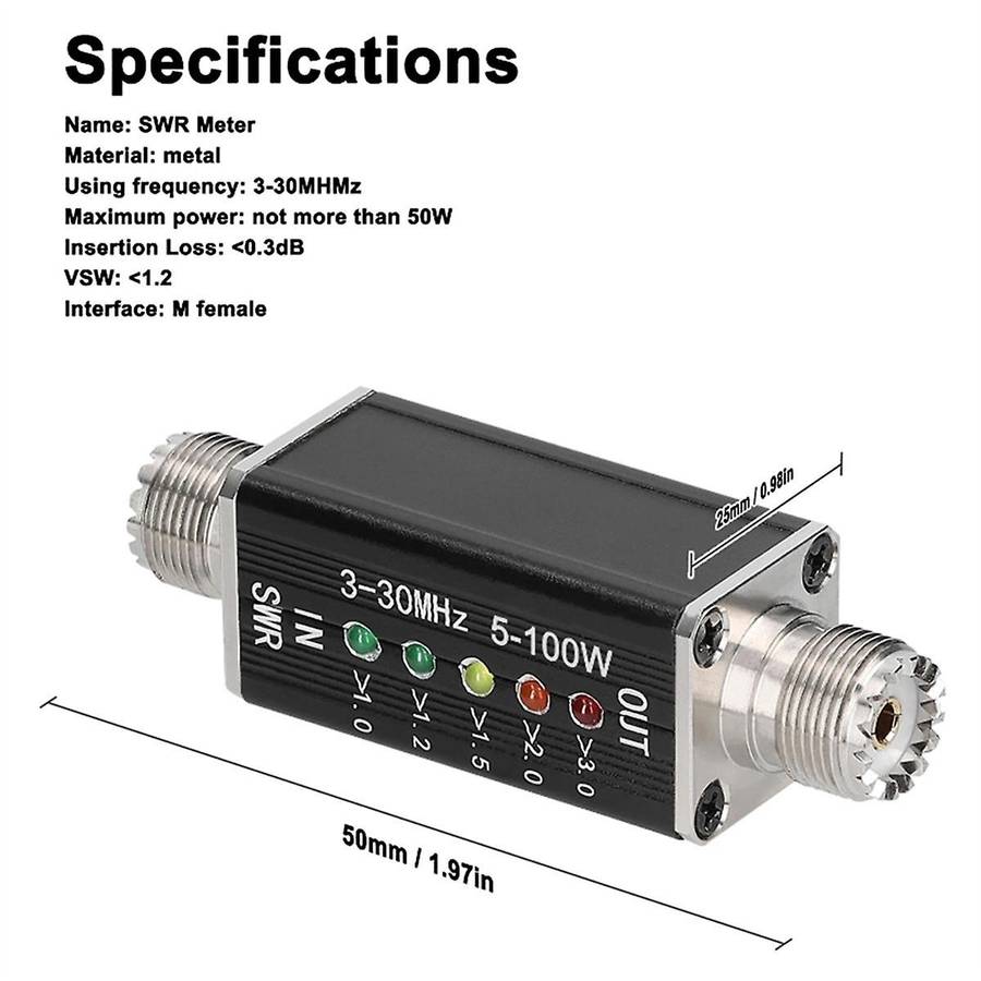 Led Swr Meter 3-30mhz Frequency Shortwave Standing Waves Indicator with 5 Led M Female Interface
