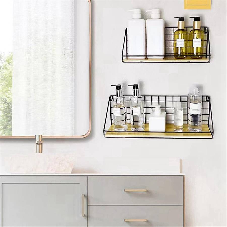 M Floating Shelves Wall Mounted Rustic Wood Storage Display Shelf with Metal Wire Basket Hanging She
