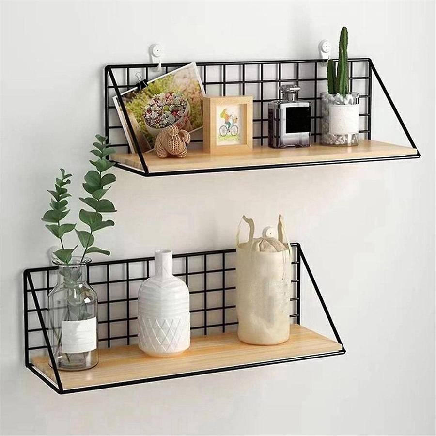 M Floating Shelves Wall Mounted Rustic Wood Storage Display Shelf with Metal Wire Basket Hanging She