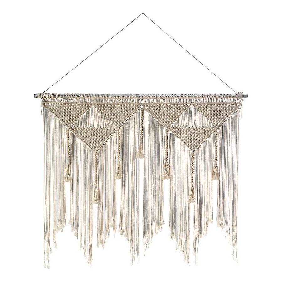 Macrame Wall Hanging Boho Woven Tapestry, Beige White Decor Curtain Backdrop (Wood Stick Not Includ
