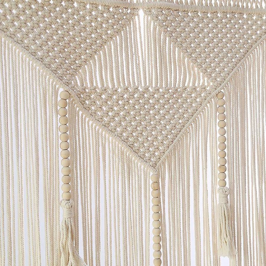 Macrame Wall Hanging Boho Woven Tapestry, Beige White Decor Curtain Backdrop (Wood Stick Not Includ